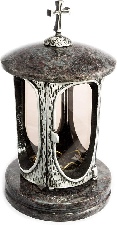 Stilvolle Grablaterne Anthrazit mit Kreuz Granit Orion dunkel Höhe 27 cm/Ø 15 cm Grableuchte Grablic