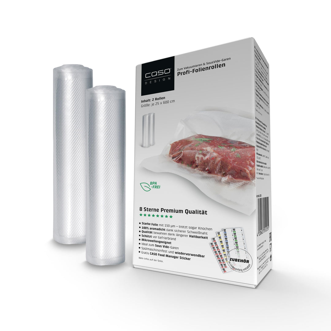 CASO Profi- Folienrollen 25x600 cm / 2 Rollen, für alle Vakuumierer, BPA-frei, sehr stark &amp; reissfes