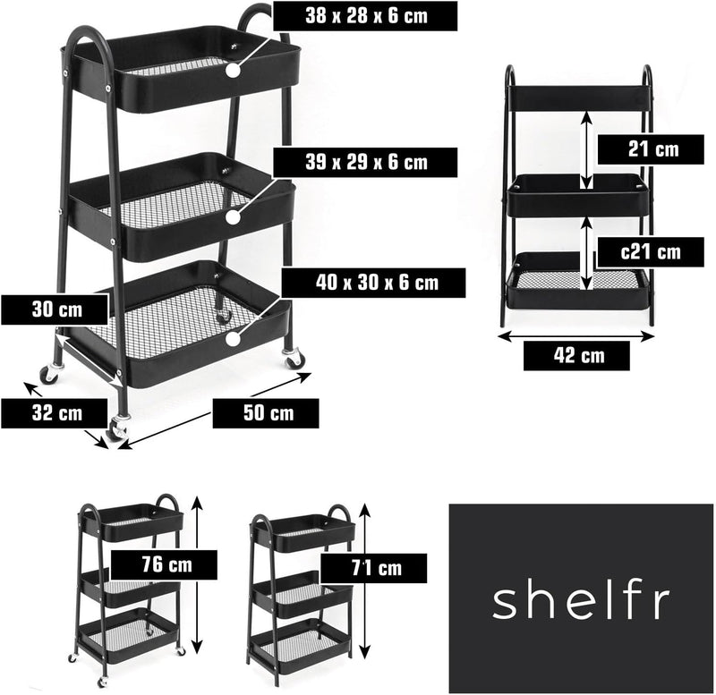 shelfr Rollwagen Metall - 42x30x77 Kleiner Servierwagen mit Rollen - Rollschrank Küche Beistellwagen