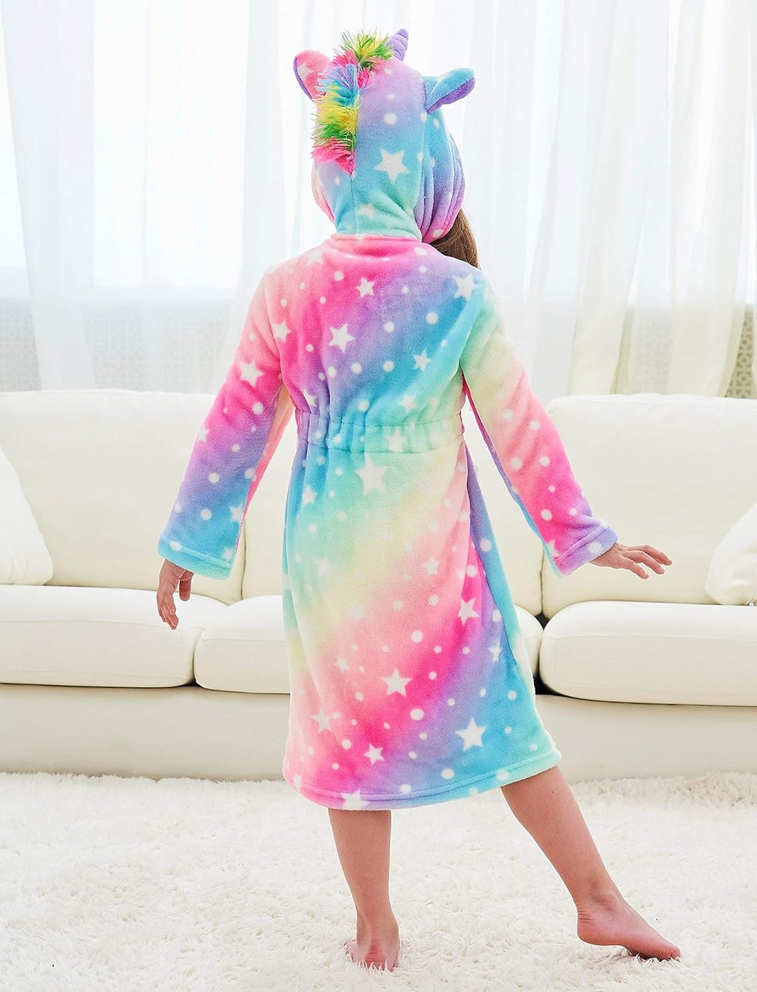 Piefry Weicher Einhorn-Bademantel mit Kapuze für Mädchen mit Einhorn-Pantoffeln, Augenbinde und Stir