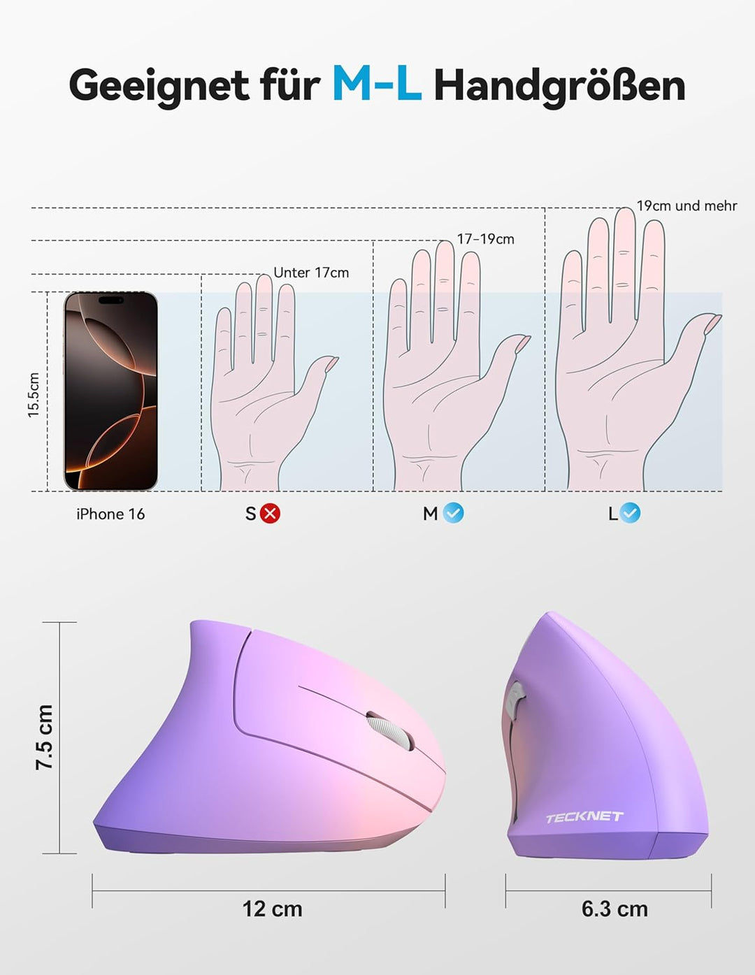 TECKNET Ergonomische Bluetooth Maus, Wiederaufladbar Kabellose Vertikale Maus (BT 5.0/3.0 + 2.4G), 6