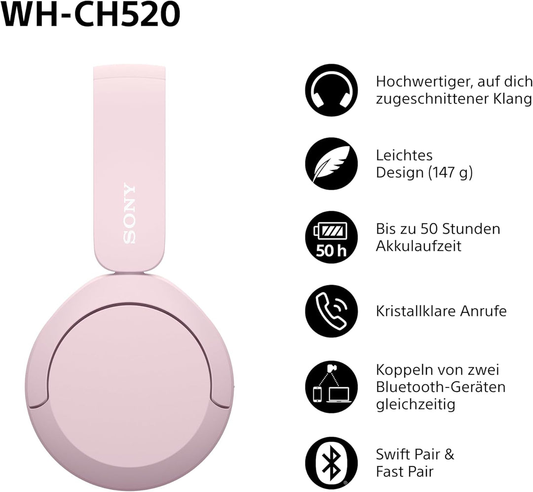 Sony WH-CH520 Kabelloser Bluetooth On-Ear-Kopfhörer, hohe Klangqualität, leichtes Design, bis zu 50