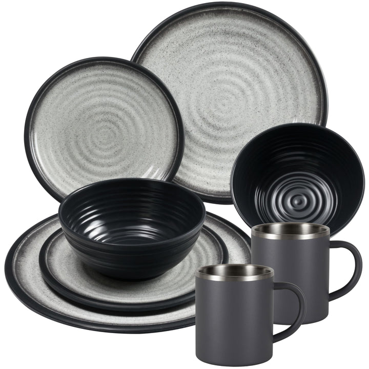 Melamin Geschirr Set Grau Schwarz mit Edelstahl Thermo Tassen doppelwandig - Tonoptik Essgeschirr -