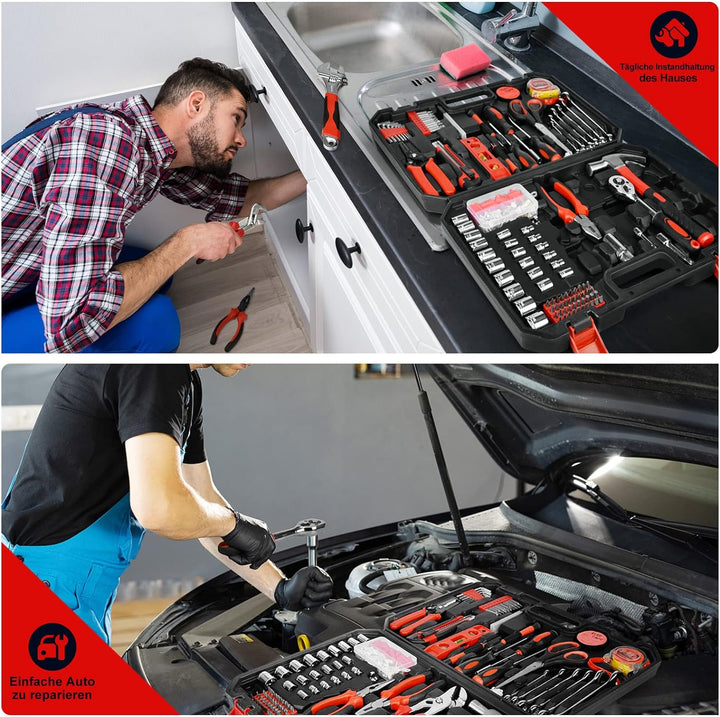 GoYwato Werkzeugkoffer Gefüllt Profi 287tlg - Haushalts Werkzeugkoffer Ratschenschlüssel Stecknuss W