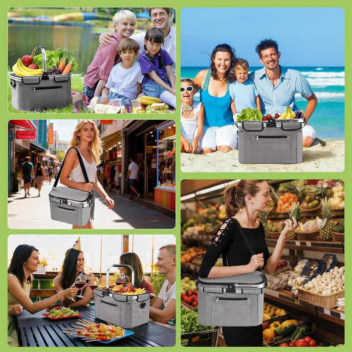 OUSFOT Einkaufskorb, 30L Picknickkorb Mutti Korb Faltbar Grau mit Deckel Perfekt für Shopping, Pickn
