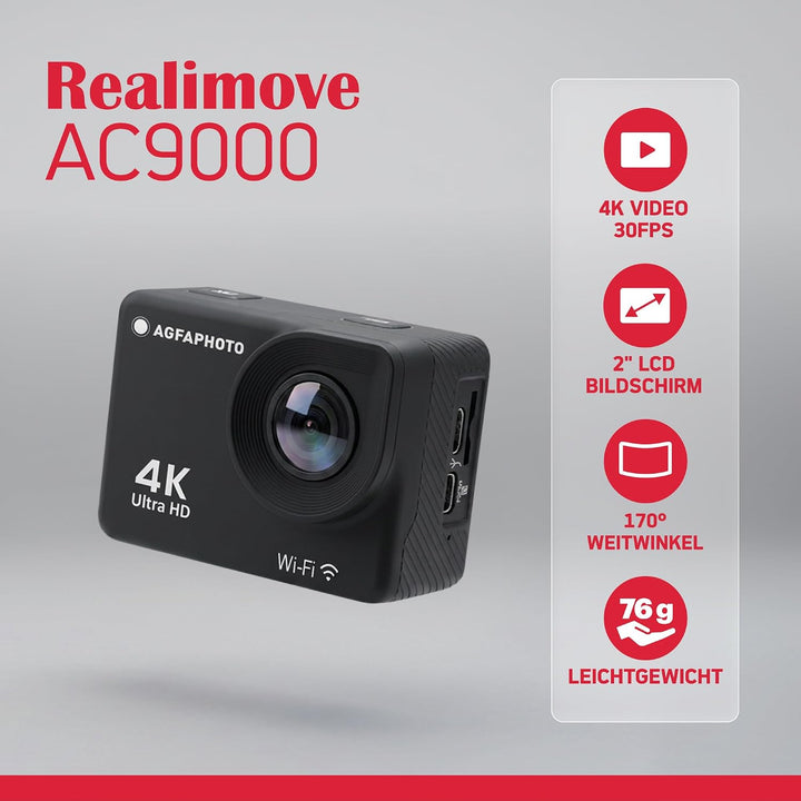 AgfaPhoto Realimove AC9000-30 m wasserdichte Digitale Action-Kamera (True 4K, EIS Anti-Shake, 170 °