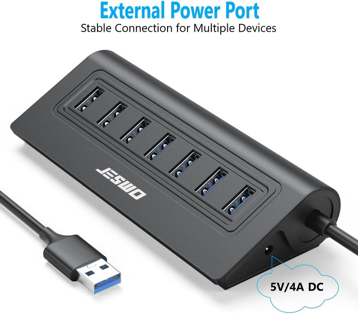 7-Port USB 3.0 Hub, Aluminium USB Verteiler 5Gbps Multiport Adapter mit 100cm Langkabel und 5V/4A St