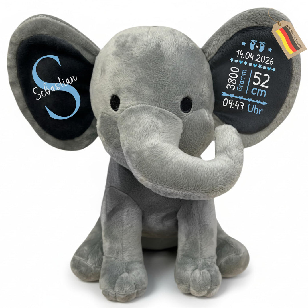 Plüschtier - Personalisiertes Babygeschenk zur Geburt Junge DEKO Elefant Kuscheltier mit Geburtsdate