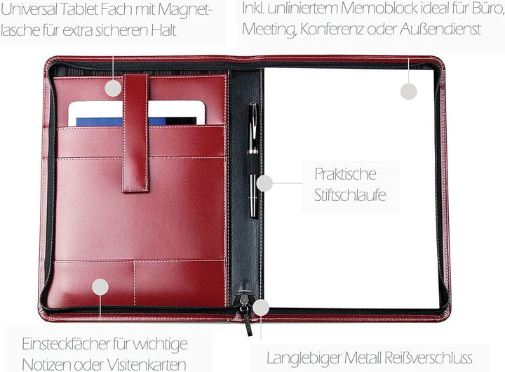 DELMON VARONE - Personalisierbare Tablet Schreibmappe DIN A4 aus Cambridge Top Grain Leder rot, Orga