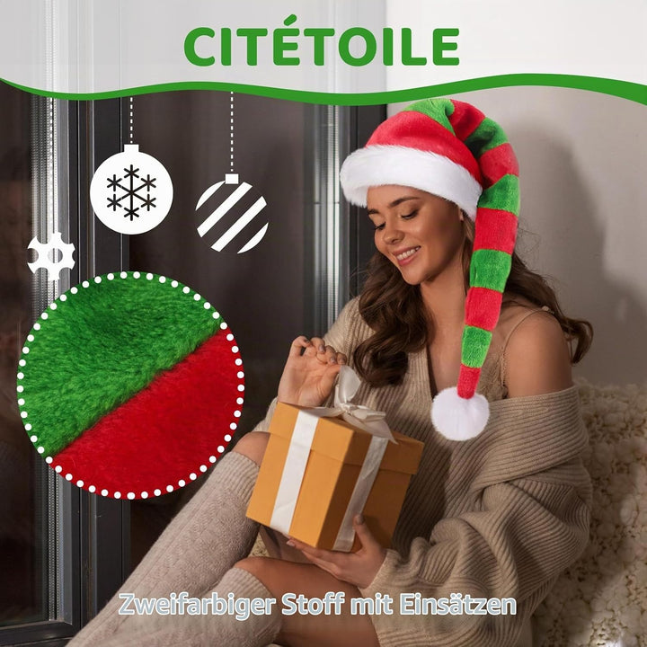 CITÉTOILE Weihnachtsmütze Verlängerte Erwachsene mit Streifen,Plüsch Weihnachtsmütze für Herren und