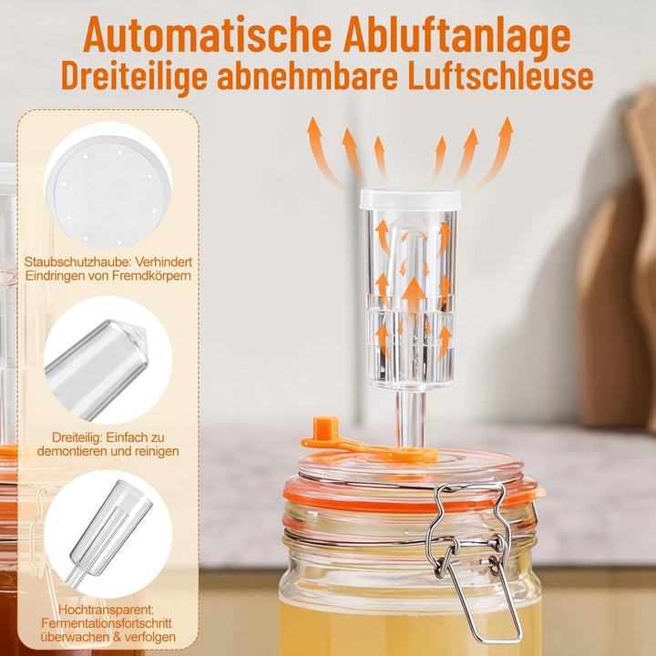 Fermentierglas 2 Stück 2L, Fermentationsglas mit Gärventi & Gewicht, Kimchi Behälter, Gärglas für Sa