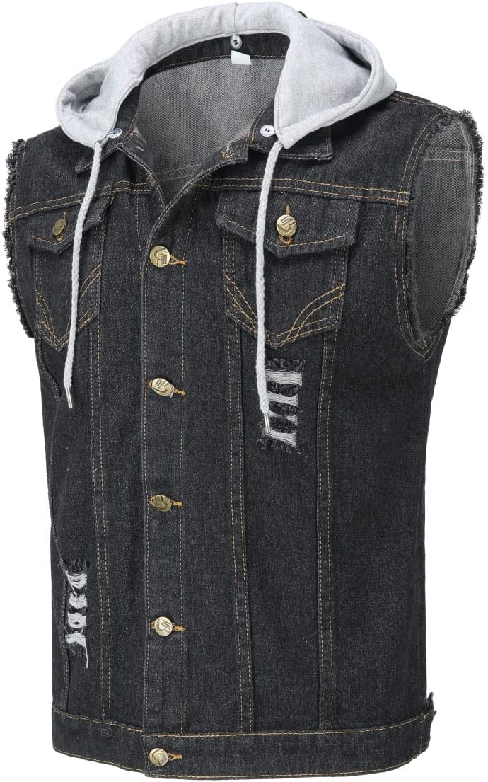 YOUTHUP Weste Herren Denim Weste mit Kappe Regular Fit Zerrissen Jeansweste Ärmellose Freizeitweste