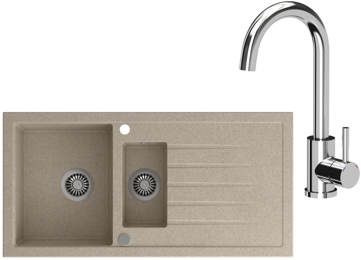 VBChome Spülbecken mit Armatur 100 x 50 cm Einzelbecken Beige Granit Rechteckig Reversibel Einbauspü