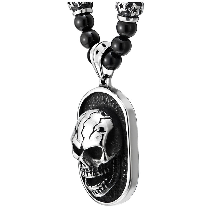 COOLSTEELANDBEYOND Gothic-Stil Herren Schwarze Onyx-Perlen Halskette, Edelstahl Geschwärzte Dog Tag