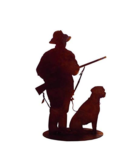 Edelrost Jäger Gustl mit Jagdhund Josef auf Bodenplatte 26 x 18 cm