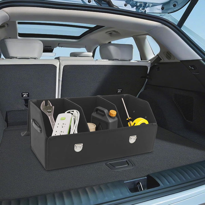 56L Auto Kofferraum Organizer, Leder Kofferraumtasche mit Deckel und Griff, Multifunktionale Aufbewa