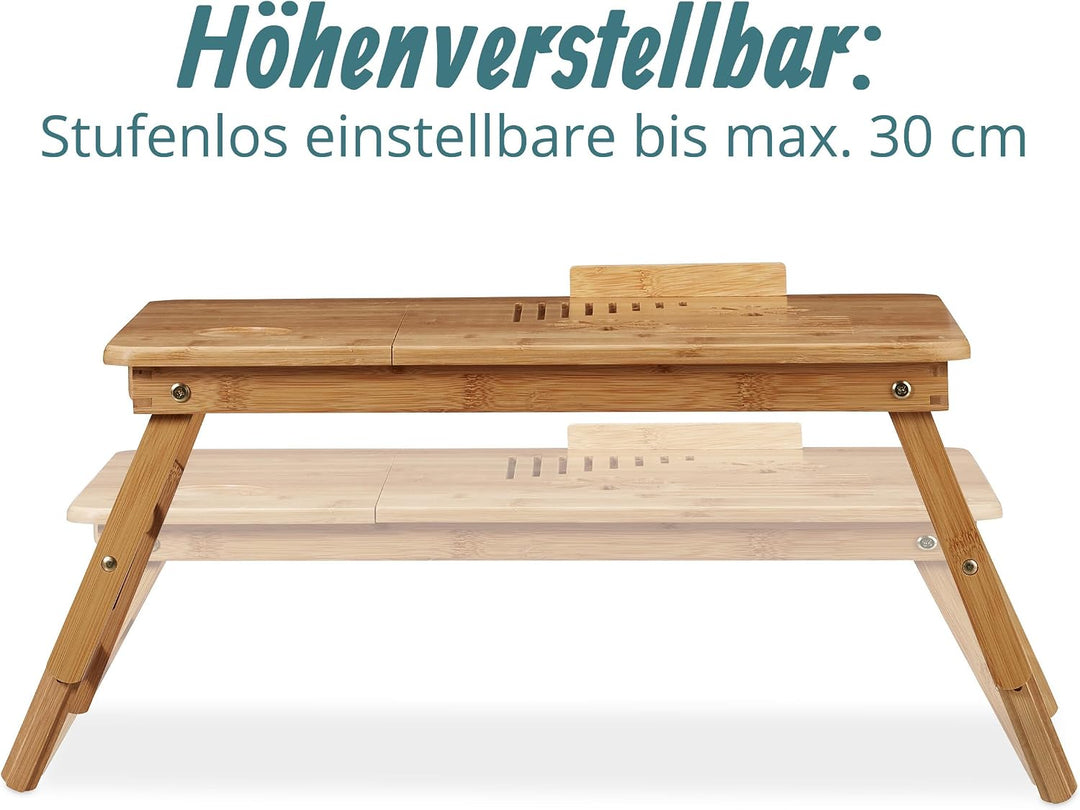 Relaxdays, Natur Höhenverstellbarer Laptoptisch fürs Bett, Bambus Notebooktisch m. Schublade, HxBxT: