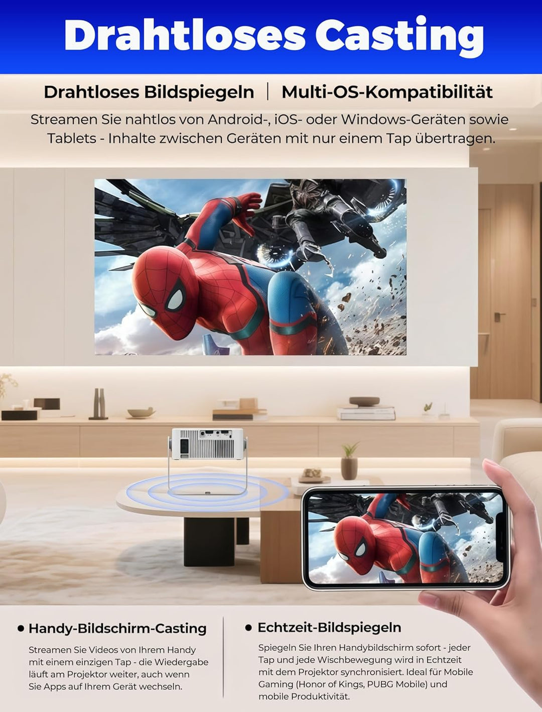 Mini Beamer mit WiFi 6 und Bluetooth 5.4, tragbarer Projektor 4K/1080P Unterstützung, Video Beamer m
