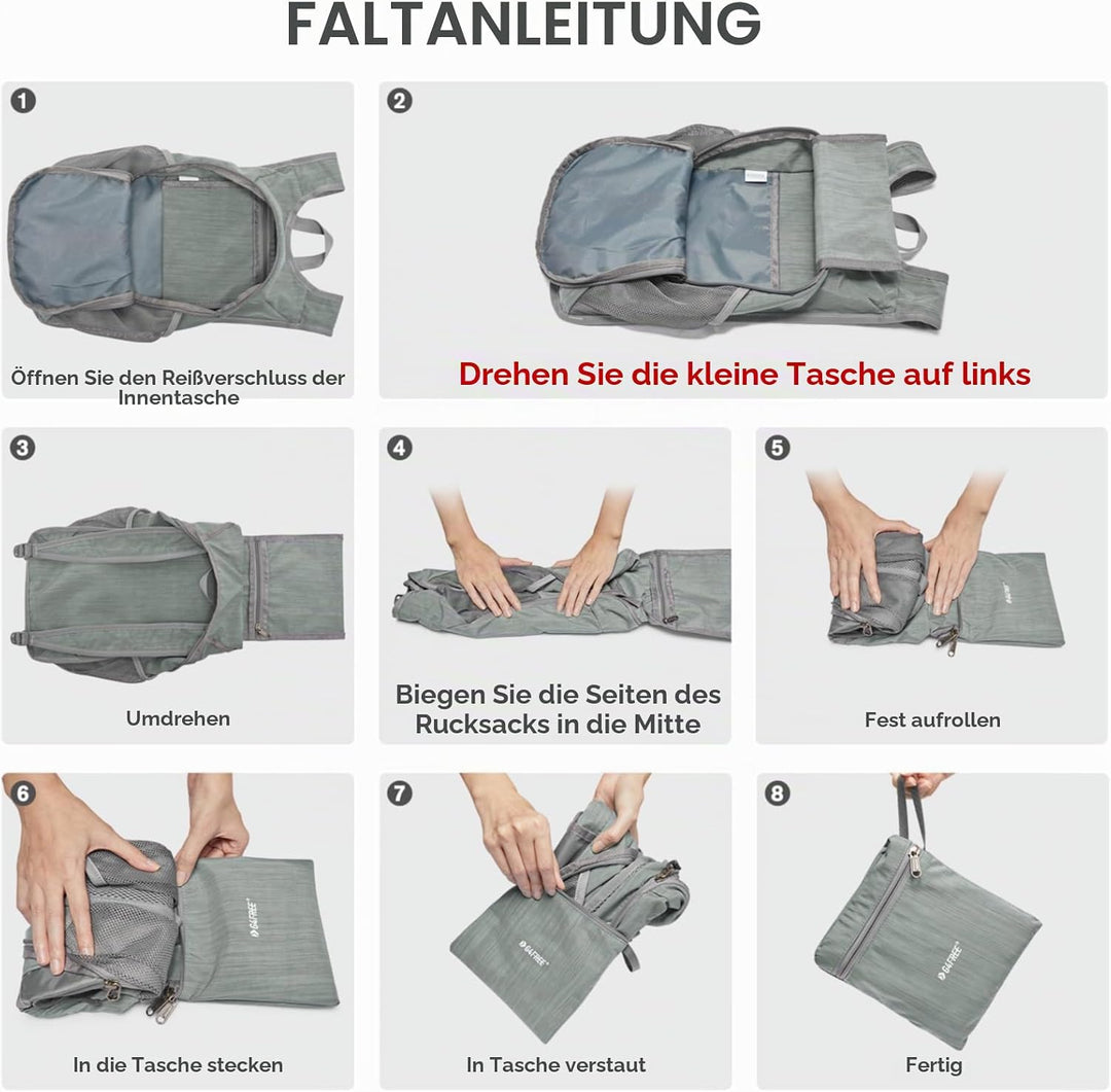 G4Free Wanderrucksack, 10 l, klein, für Reisen, Wandern, Tagesrucksack, leicht, verstaubar Grau 10L,