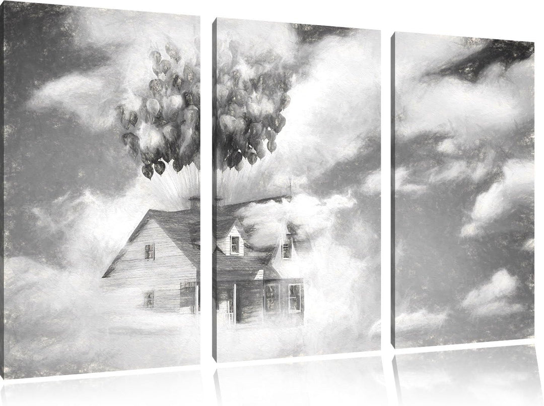 Pixxprint fliegendes Haus mit Luftballons als Leinwandbild/Grösse: 3 Teilig (120x80 cm) cm/Wandbild/
