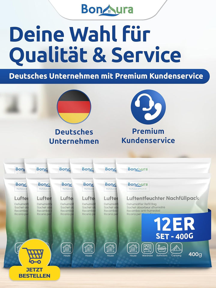 BonAura® Luftentfeuchter Nachfüllpack 12 x 400g - Mittleres Sparset Luftentfeuchter Granulat - 12er