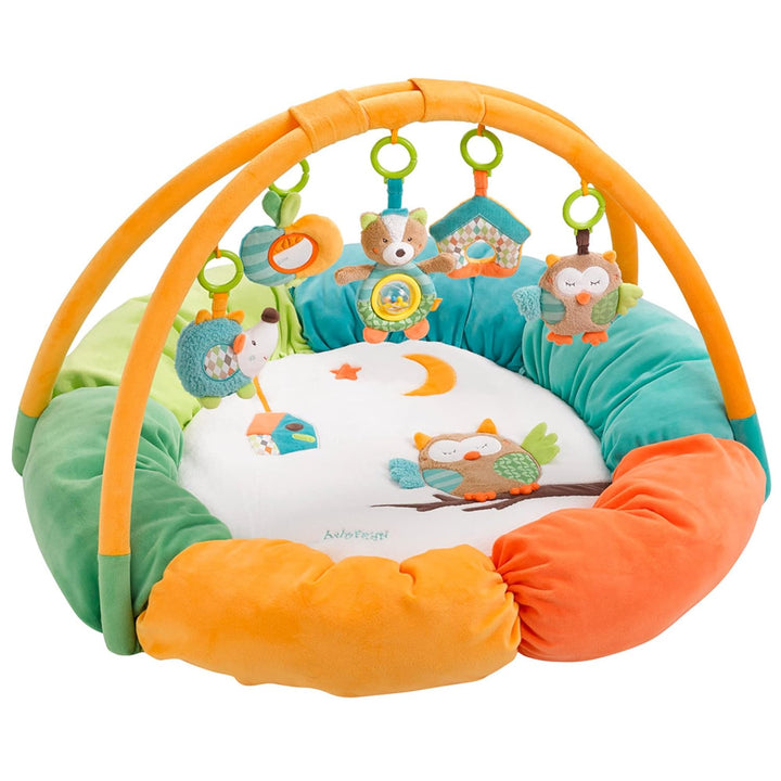 Fehn 071184 3-D-Activity-Nest Eule / Besonders weicher Spielbogen mit 5 abnehmbaren Spielzeugen für