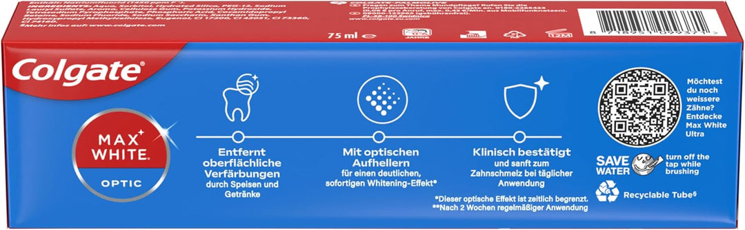 Colgate Max White Optic Zahncreme 4x75 ml | Colgate Zahnpasta entfernt bis zu 100% der Oberflächenve