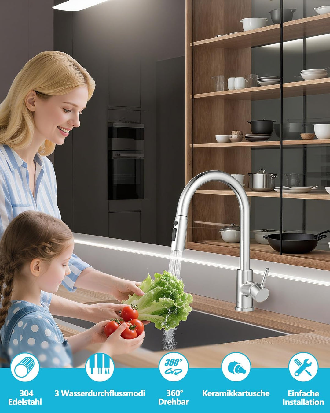 Wasserhahn Küche, Hochdruck Küchenarmatur mit Brause | 304 Edelstahl Küchenarmatur Ausziehbar, Armat