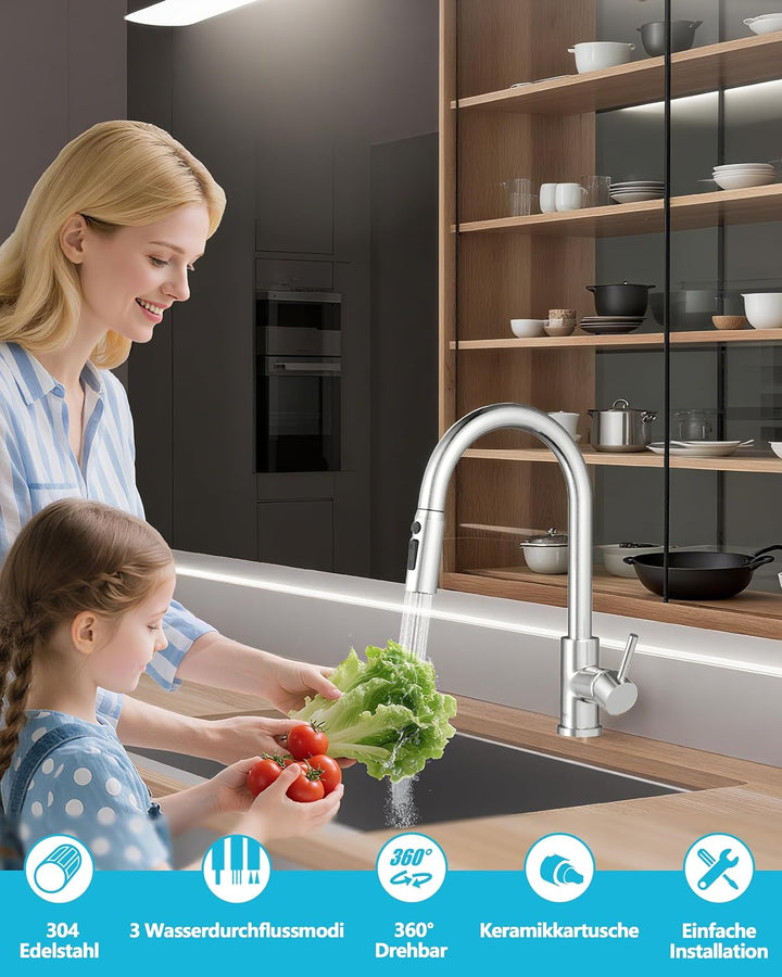 Wasserhahn Küche, Hochdruck Küchenarmatur mit Brause | 304 Edelstahl Küchenarmatur Ausziehbar, Armat