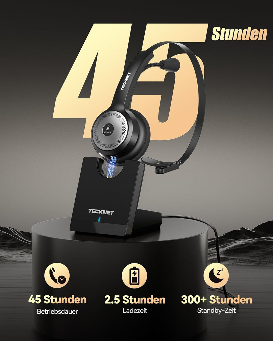 TECKNET Bluetooth Headset mit Mikrofon, PC Headset mit AI Rauschunterdrückung, kabelloses Headset mi