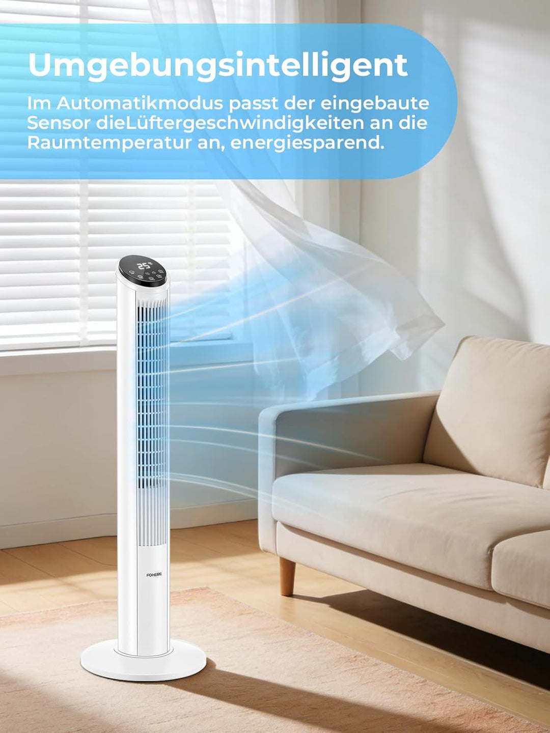FOHERE Turmventilator 102cm, 12 Stufen Standventilator mit Fernbedienung, 32dB Sehr Leiser, Oszillie