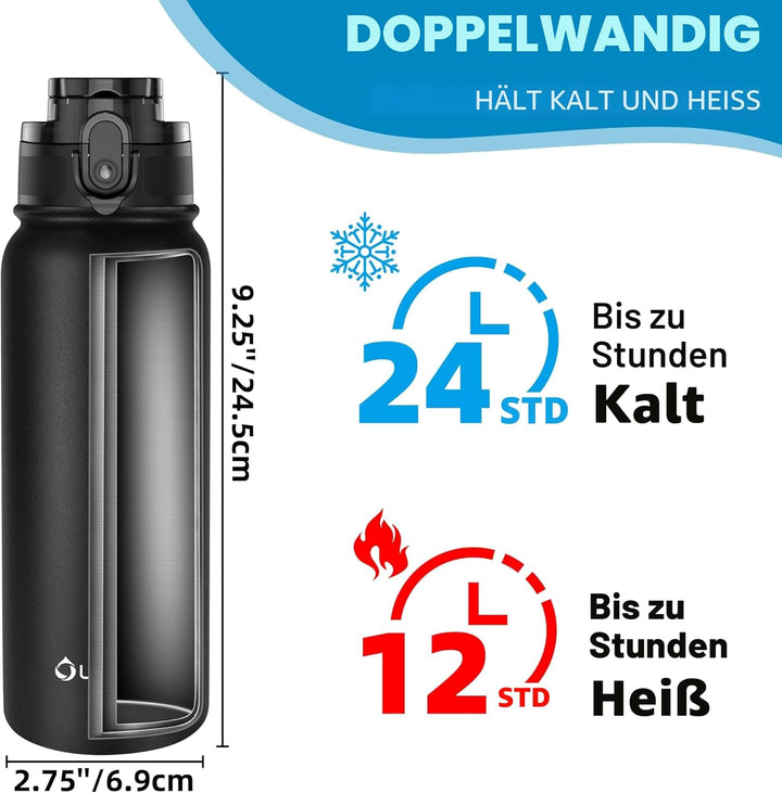 OLDLEY 600ml/20oz Edelstahl-Wasserflasche, Doppelwandige Vakuumflasche, Hält Getränke Heiss und Kalt