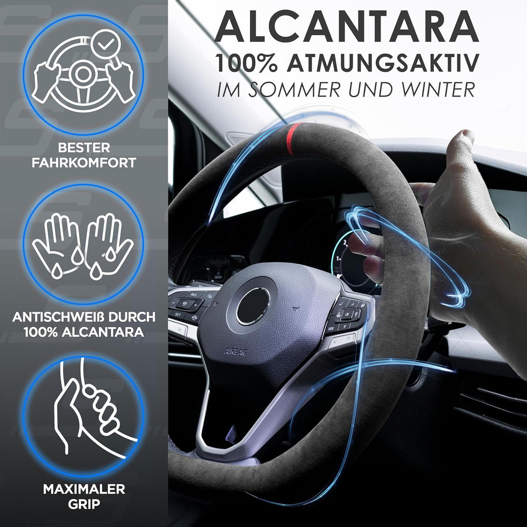 S-TETIC® Premium Lenkradbezug aus Alcantara | D-Form | Rote 12-Uhr Markierung | Universalgrösse 36-3