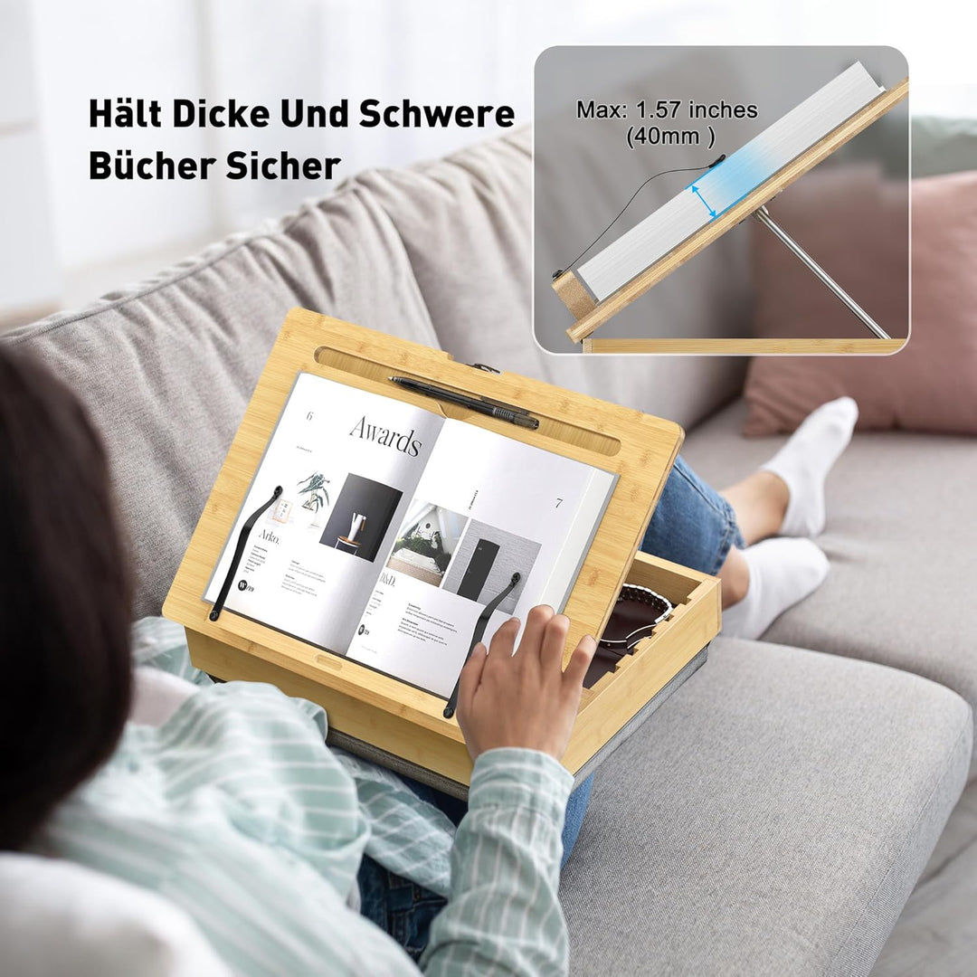 AboveTEK Buchständer zum Lesen mit Aufbewahrung, verstellbarer Bambus-Buchhalter mit weichem Schossk