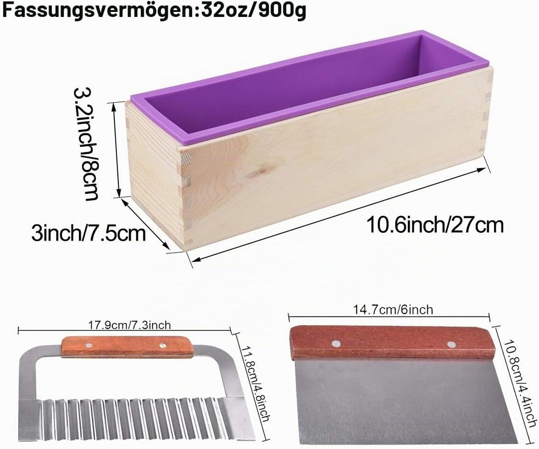 AOFOX Holzseifenlaibform und Seifenschneider-Set - 2 Stück Rechteck Silikonform unterschiedlicher Gr
