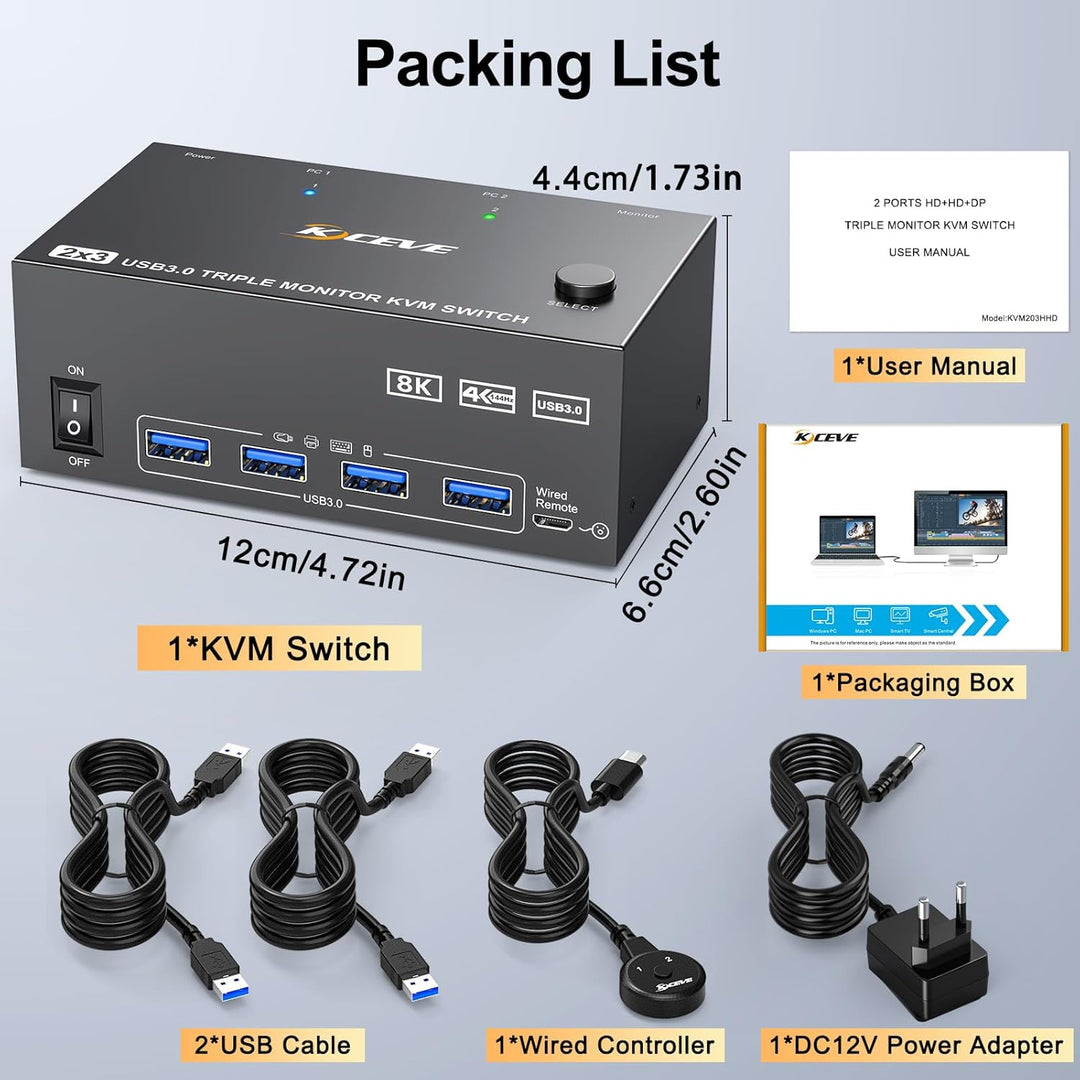 KVM Switch 2 PC 3 Monitore 8K@60Hz 4K@144Hz, Triple Monitore Displayport + 2 HDMI KVM Switch für 2 P