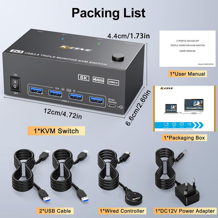 KVM Switch 2 PC 3 Monitore 8K@60Hz 4K@144Hz, Triple Monitore Displayport + 2 HDMI KVM Switch für 2 P