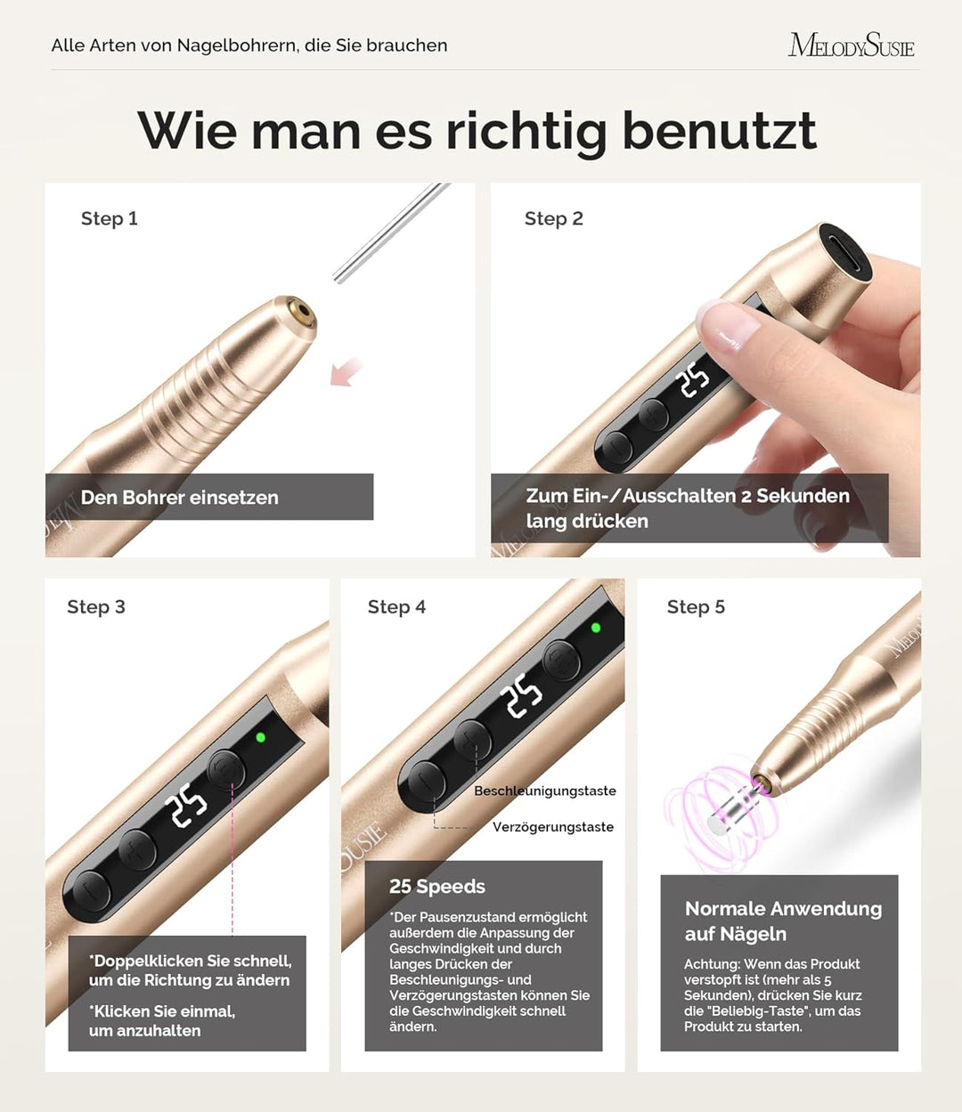 MelodySusie Kabellos Nagelfräser für Gelnägel, Elektrische Nagelfeile 25000 u/min, PC180G Profession