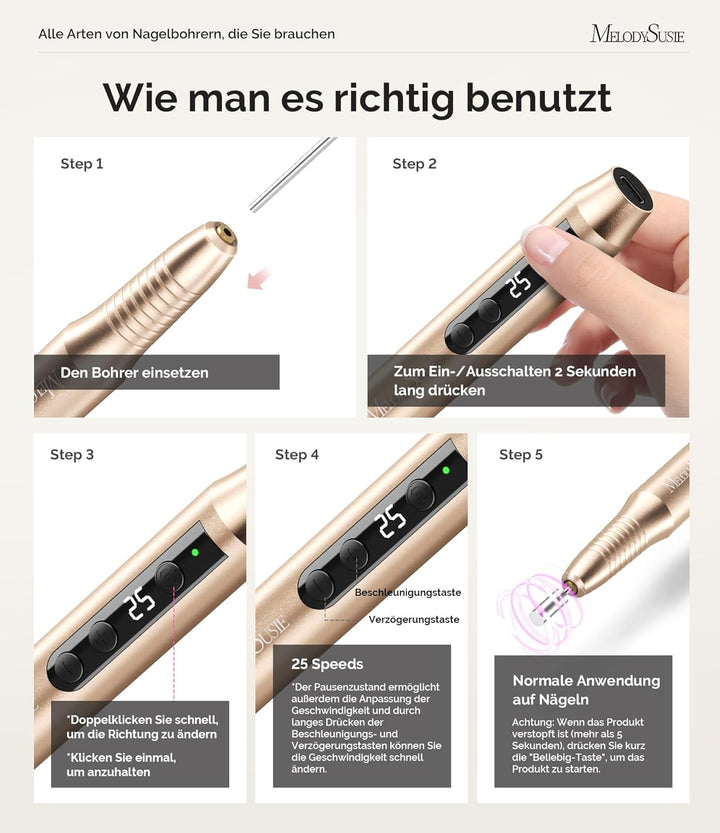 MelodySusie Kabellos Nagelfräser für Gelnägel, Elektrische Nagelfeile 25000 u/min, PC180G Profession