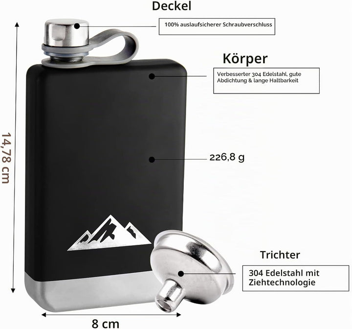 KWANITHINK Flachmann Edelstahl, 8oz/227ml Hip Flask Mit Trichter, Vatertagsgeschenk, Geschenk Für Mä