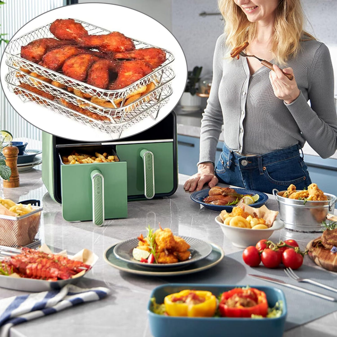 YUEMING Heissluftfritteuse Zubehör, 3 Layers Air Fryer Rack for Ninja Dual Basket mit Silikonfüssen,