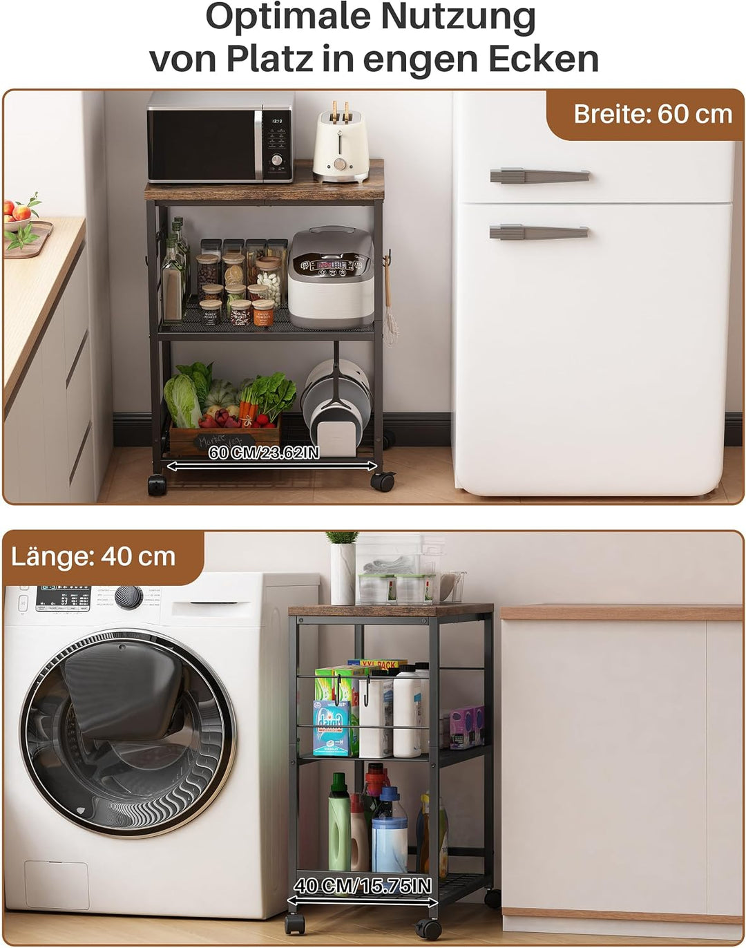 Metall Küchenregal mit Arbeitsplatte, 3 Ebenen Servierwagen mit Rollen für Mini-Backofen, Mikrowelle