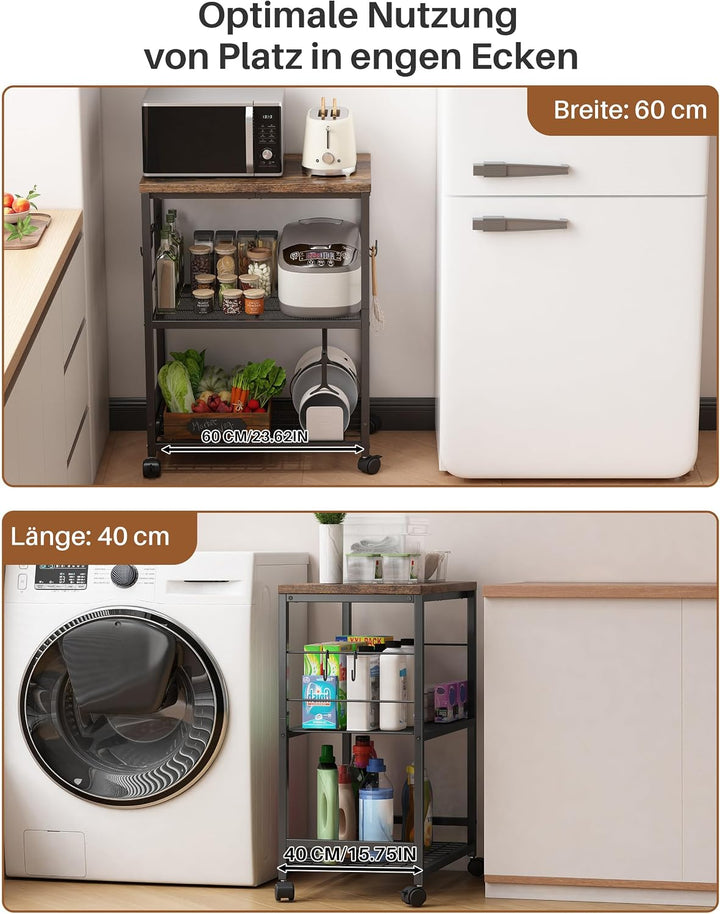 Metall Küchenregal mit Arbeitsplatte, 3 Ebenen Servierwagen mit Rollen für Mini-Backofen, Mikrowelle