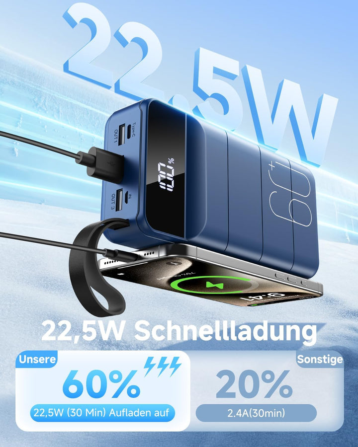 60000mAh Power Bank 22,5 W Powerbank USB-C Schnellladefunktion Externe Akku mit 4 Ausgänge und 2 Ein