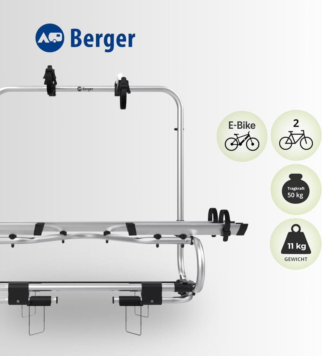 BERGER Fahrradträger Deichsel Wohnwagen | Premium 2XL Deichsel Fahrradträger für 2 Fahrräder bis 50k
