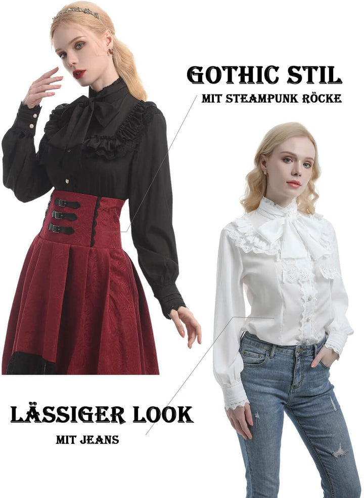 Fiamll Damen Viktorianisch Bluse Vintage Schleifenhemd Stehkragen mit Rüschen Langarmshirt Mittelalt