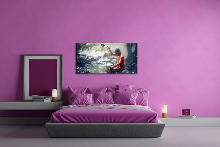 Buddhistischer Mönch Panorama 60x30 cm als Leinwandbild, Motiv fertig gerahmt auf Echtholzrahmen, Ho