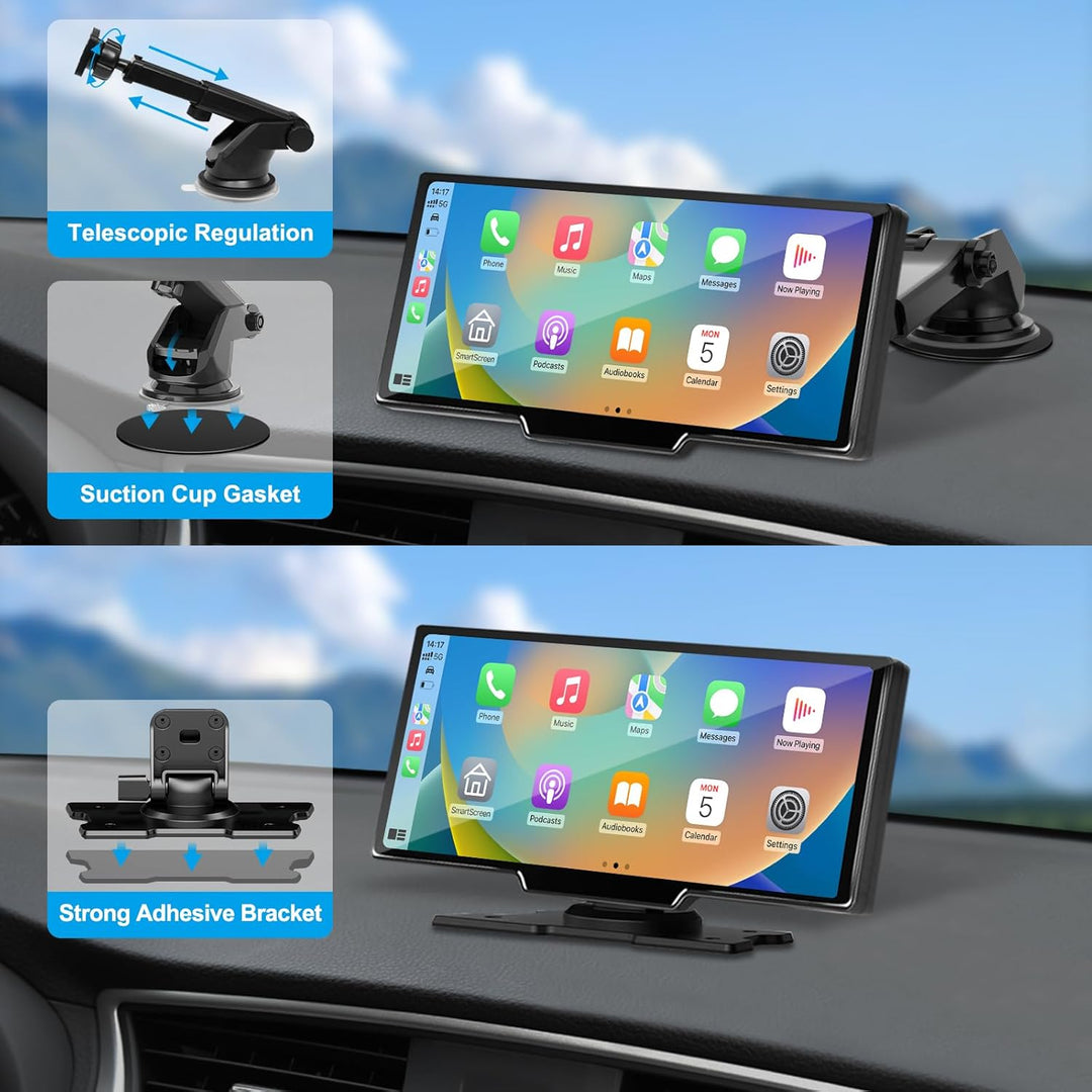 Tragbares Autoradio mit Wireless Carplay und Android Auto, Dashcam, Rückfahrkamera, Loop-Recording,