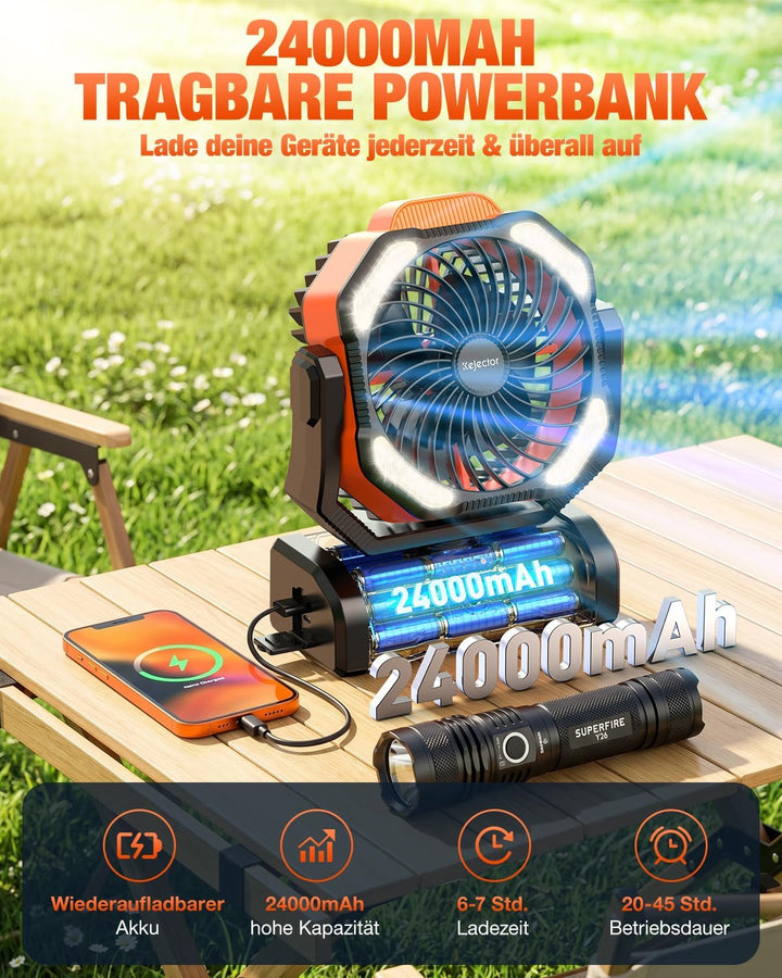 kejector Tragbarer Camping Ventilator, 24000mAh 3-in-1 Akku Gebläse mit LED-Licht, Oszillierender, W