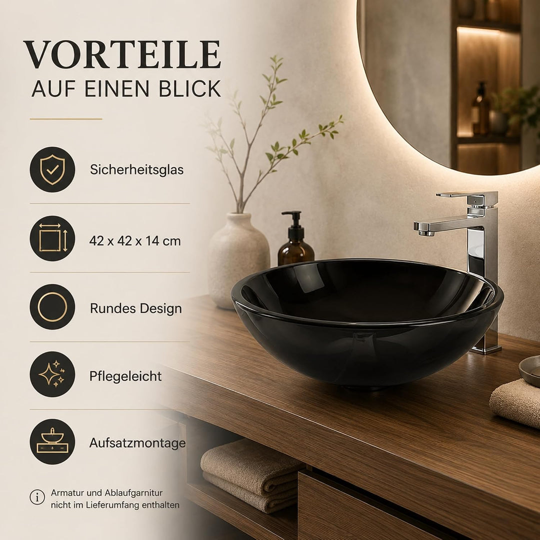 Art-of-Baan Premium Waschbecken rund - edles Aufsatzwaschbecken - schwarz Glas Becken für Waschtisch